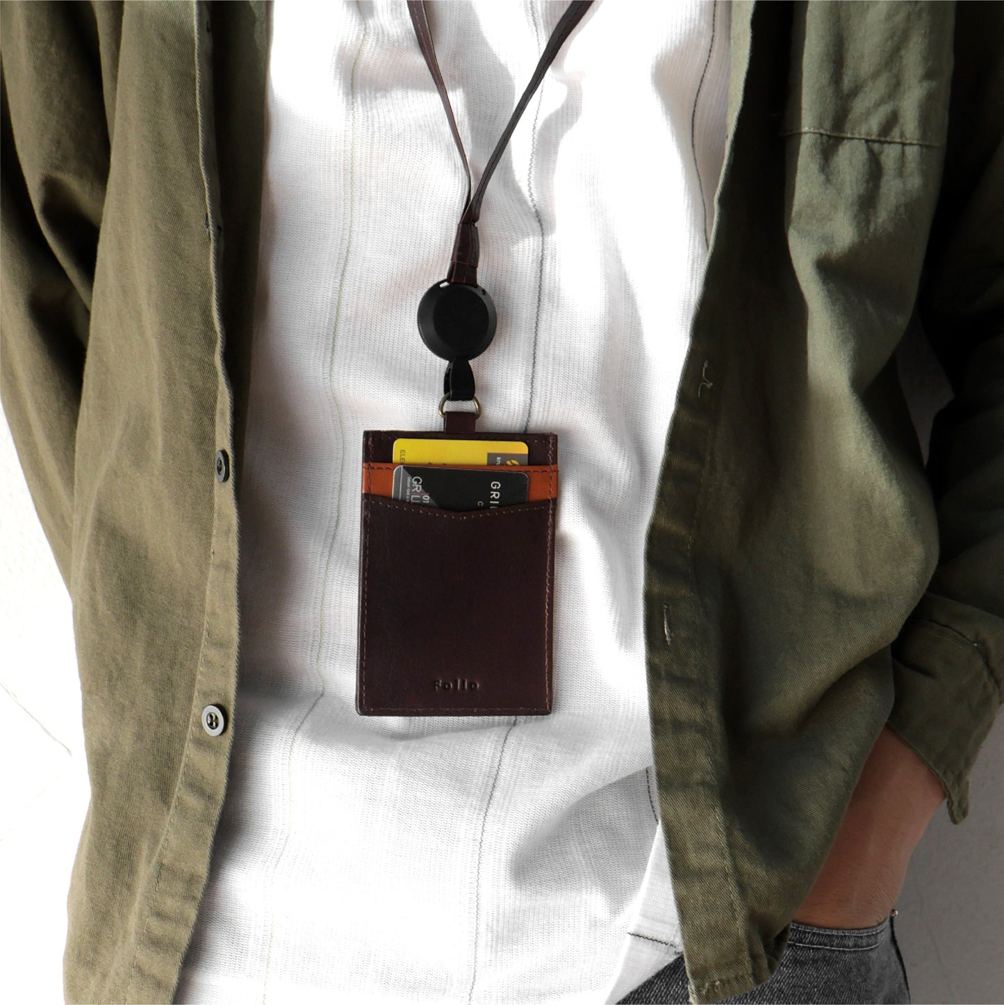 Folio : Tuff ID Card Two-Tone ที่ห้อยบัตร หนังแท้ หนังควาย ซองใส่บัตรพนักงาน สายคล้องคอปรับได้ ใส่บัตร BTS/เครดิต -17076