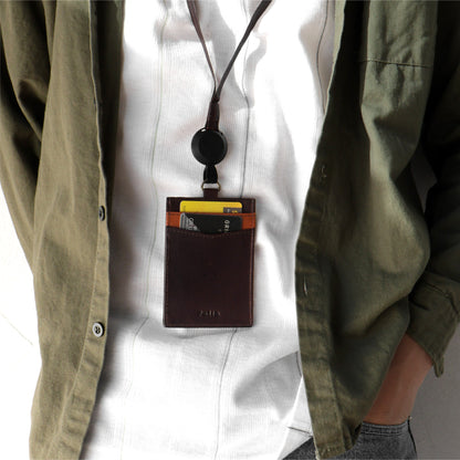 Folio : Tuff ID Card Two-Tone ที่ห้อยบัตร หนังแท้ หนังควาย ซองใส่บัตรพนักงาน สายคล้องคอปรับได้ ใส่บัตร BTS/เครดิต -17076